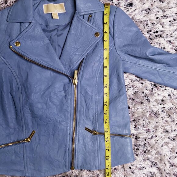 MICHAEL Michael Kors Leather Side-Strap Moto Jacket in Baby Blue - Picture 3 of 7
